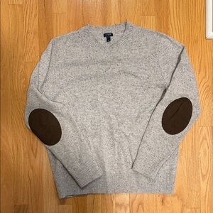 J. Crew Light Gray Crewneck Sweater with Brown Elbow Patches